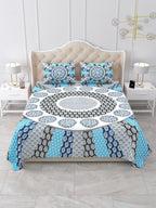Front view of Castile India blue and grey mandala sunburst king size bedsheet 100x108 with 2 pillow covers