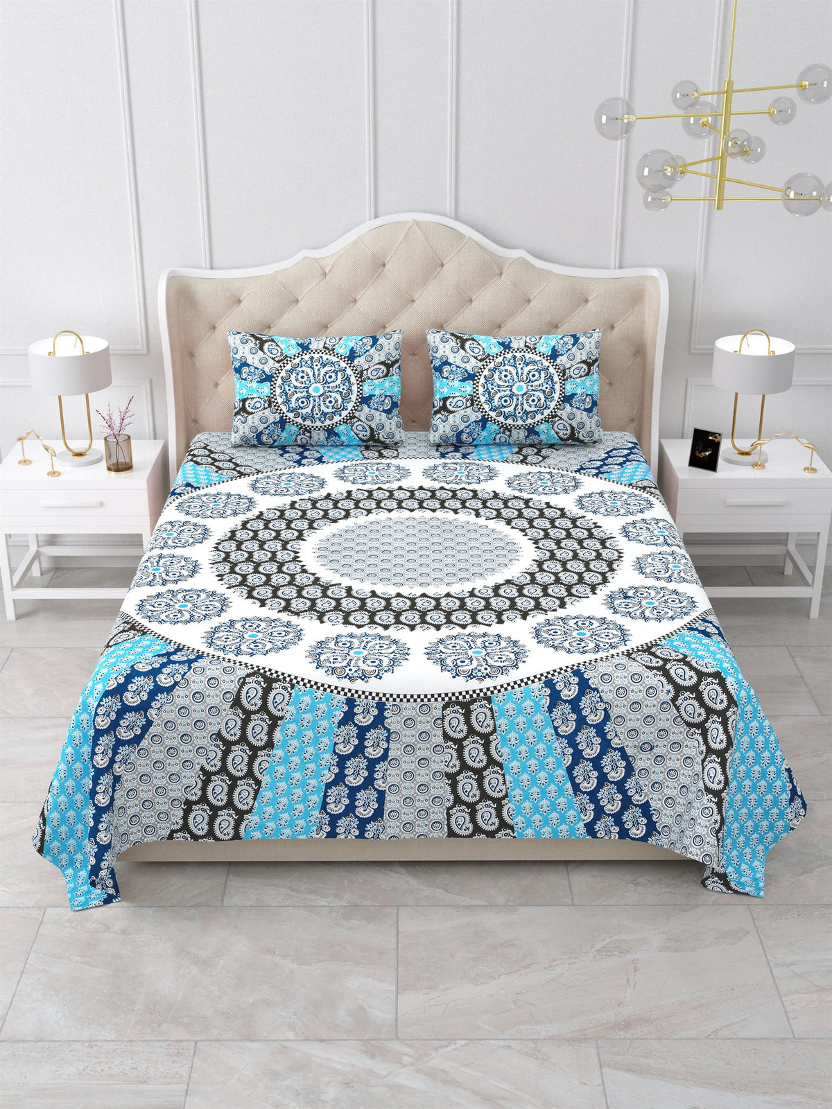 Front view of Castile India blue and grey mandala sunburst king size bedsheet 100x108 with 2 pillow covers