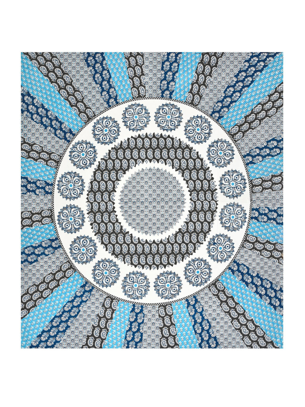 Full flat view of the blue and grey mandala sunburst king size bedsheet