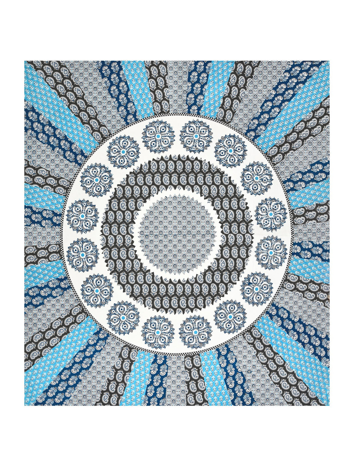 Full flat view of the blue and grey mandala sunburst king size bedsheet