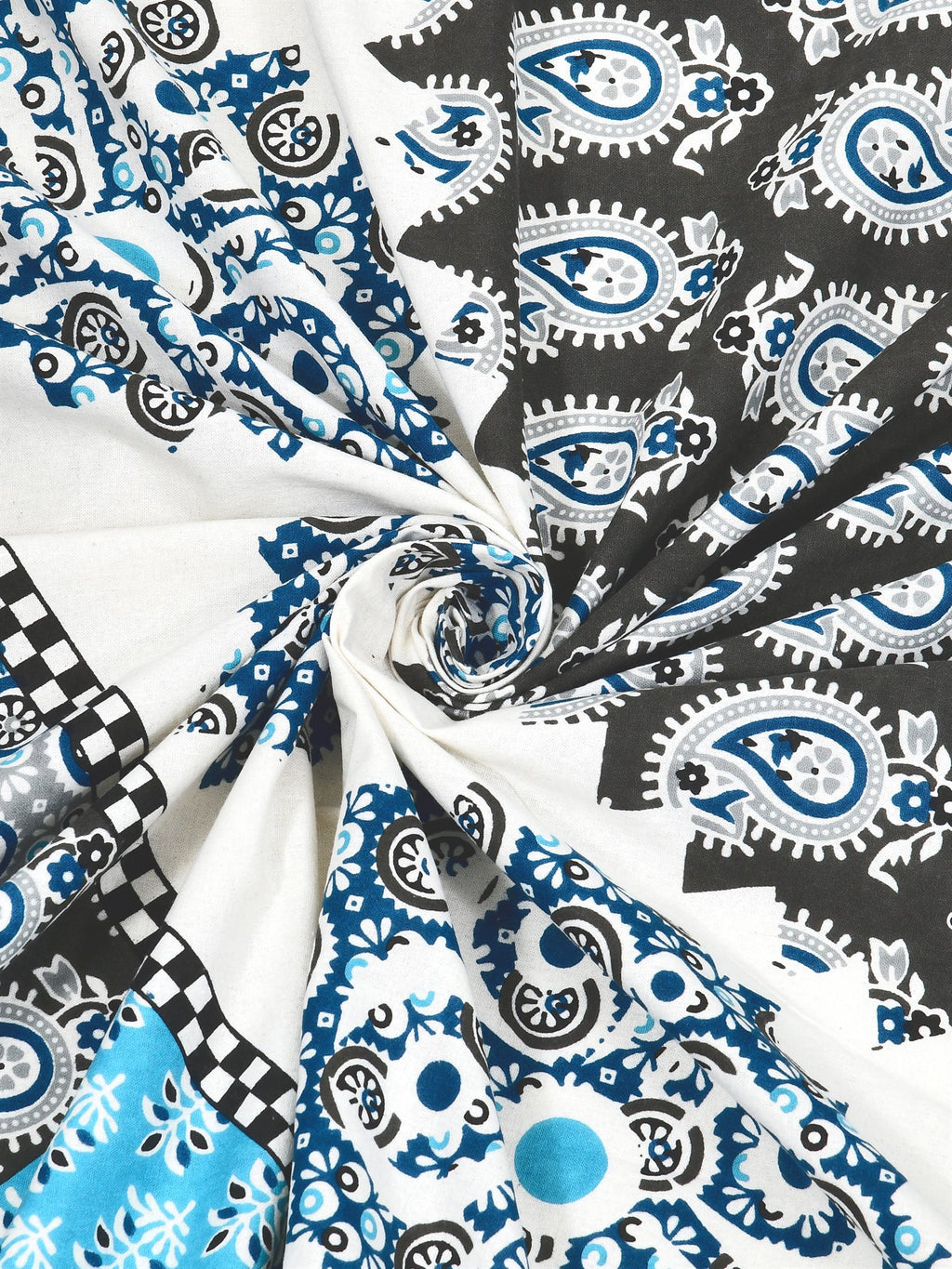 Swirled fabric close-up of navy, sky blue and charcoal paisley print on white