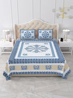 Front view of Castile India blue mandala medallion bedsheet 90x108 on a bed with 2 pillow covers