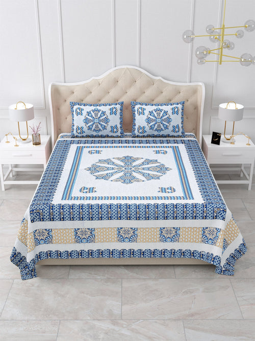 Front view of Castile India blue mandala medallion bedsheet 90x108 on a bed with 2 pillow covers