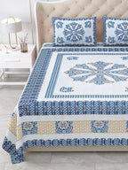 Close view of the blue mandala centre panel and chevron and patchwork-look borders on the bed