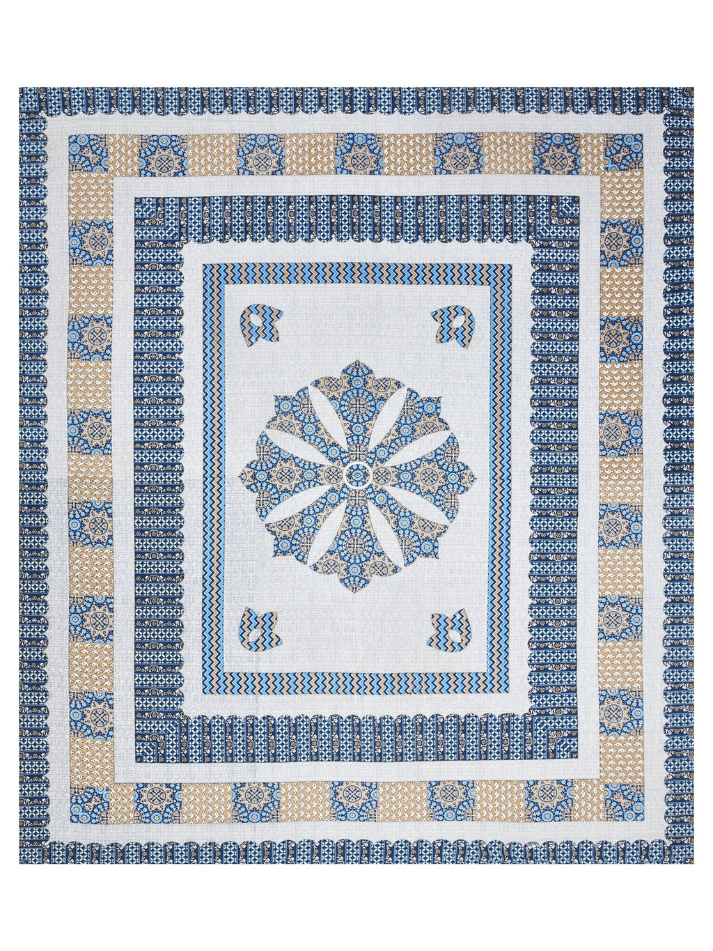 Full flat view of the blue and white bedsheet with central mandala medallion and layered borders