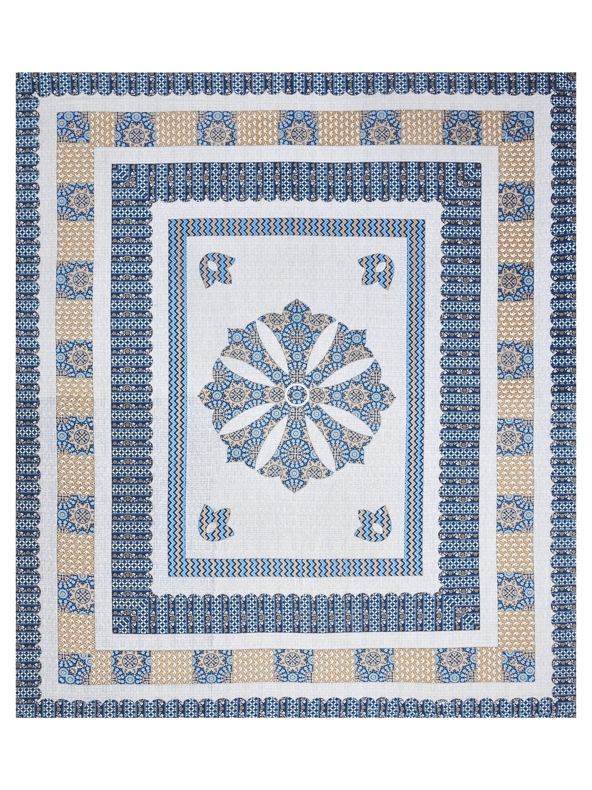 Full flat view of the blue and white bedsheet with central mandala medallion and layered borders