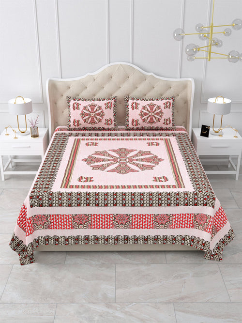 Front view of Castile India blush pink and brown mandala medallion bedsheet 90x108 with 2 pillow covers