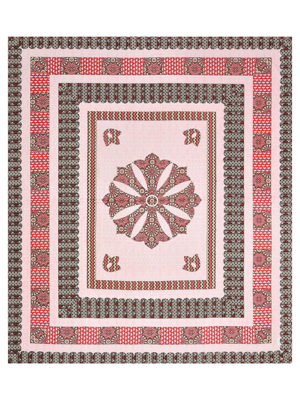 Full flat view of the blush pink bedsheet with central mandala medallion and layered borders
