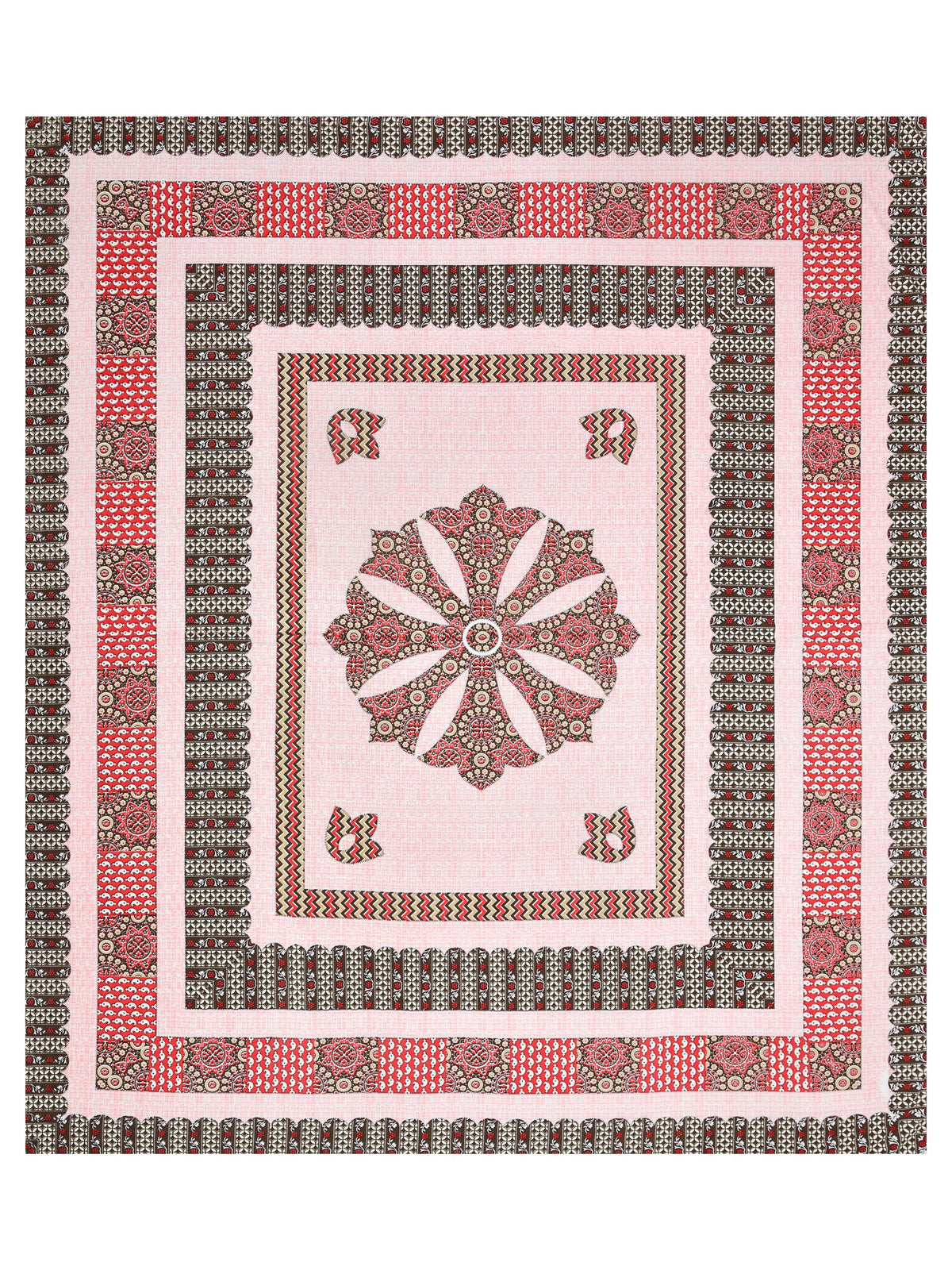 Full flat view of the blush pink bedsheet with central mandala medallion and layered borders