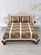 Front view of Castile India brown and rust patchwork square bedsheet 90x108 on a bed with 2 pillow covers