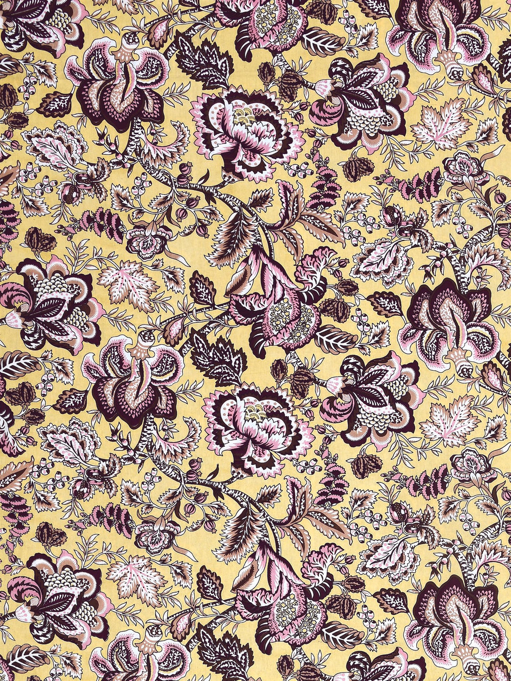 Close-up of large plum, rose pink and grey Jacobean-style flowers on a butter-yellow base