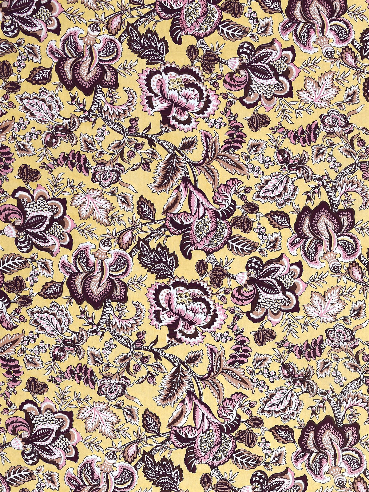 Close-up of large plum, rose pink and grey Jacobean-style flowers on a butter-yellow base