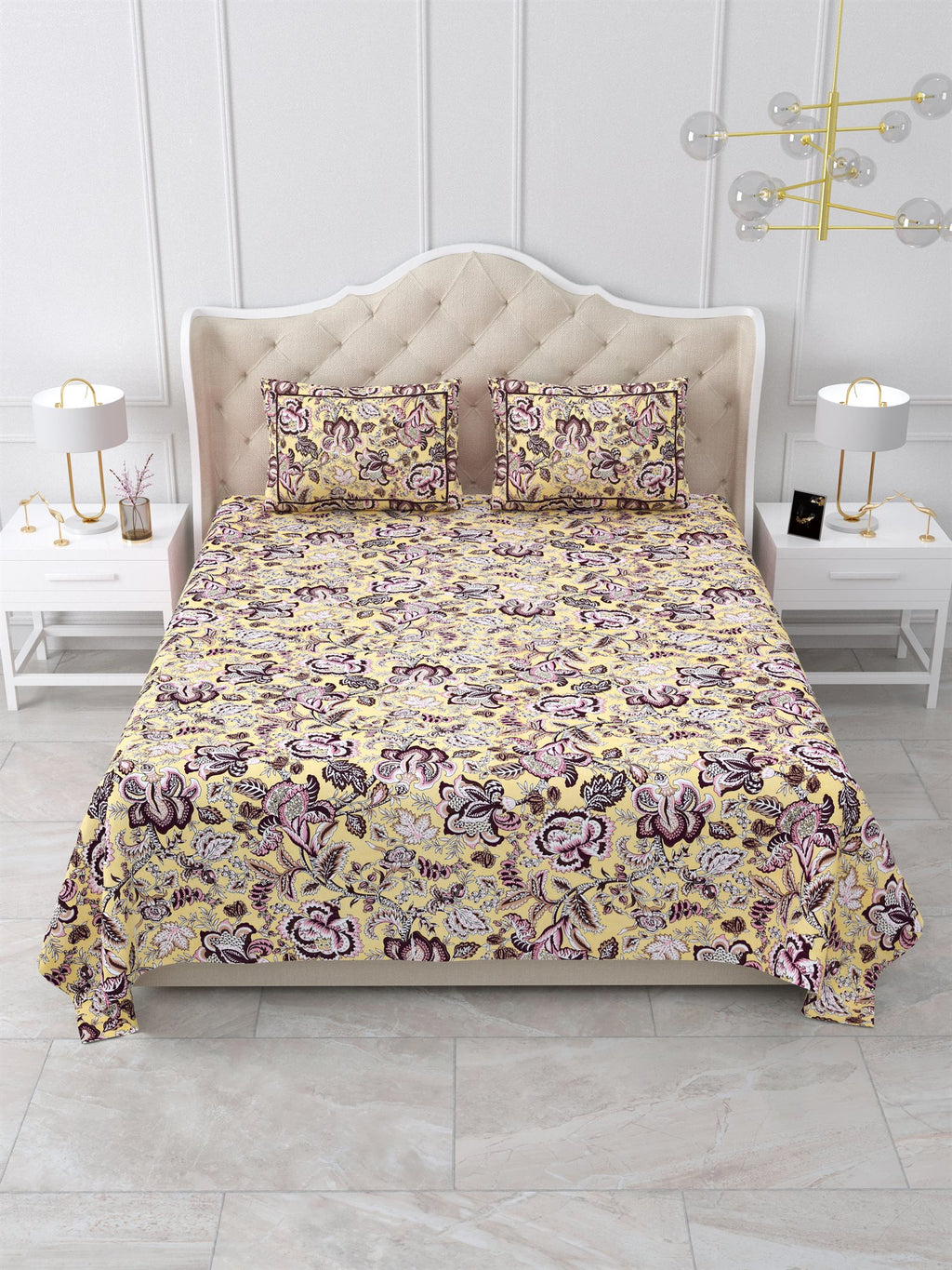 Front view of Castile India butter yellow and plum Jacobean floral bedsheet 90x108 with 2 pillow covers