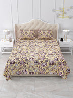 Front view of Castile India butter yellow and plum Jacobean floral bedsheet 90x108 with 2 pillow covers