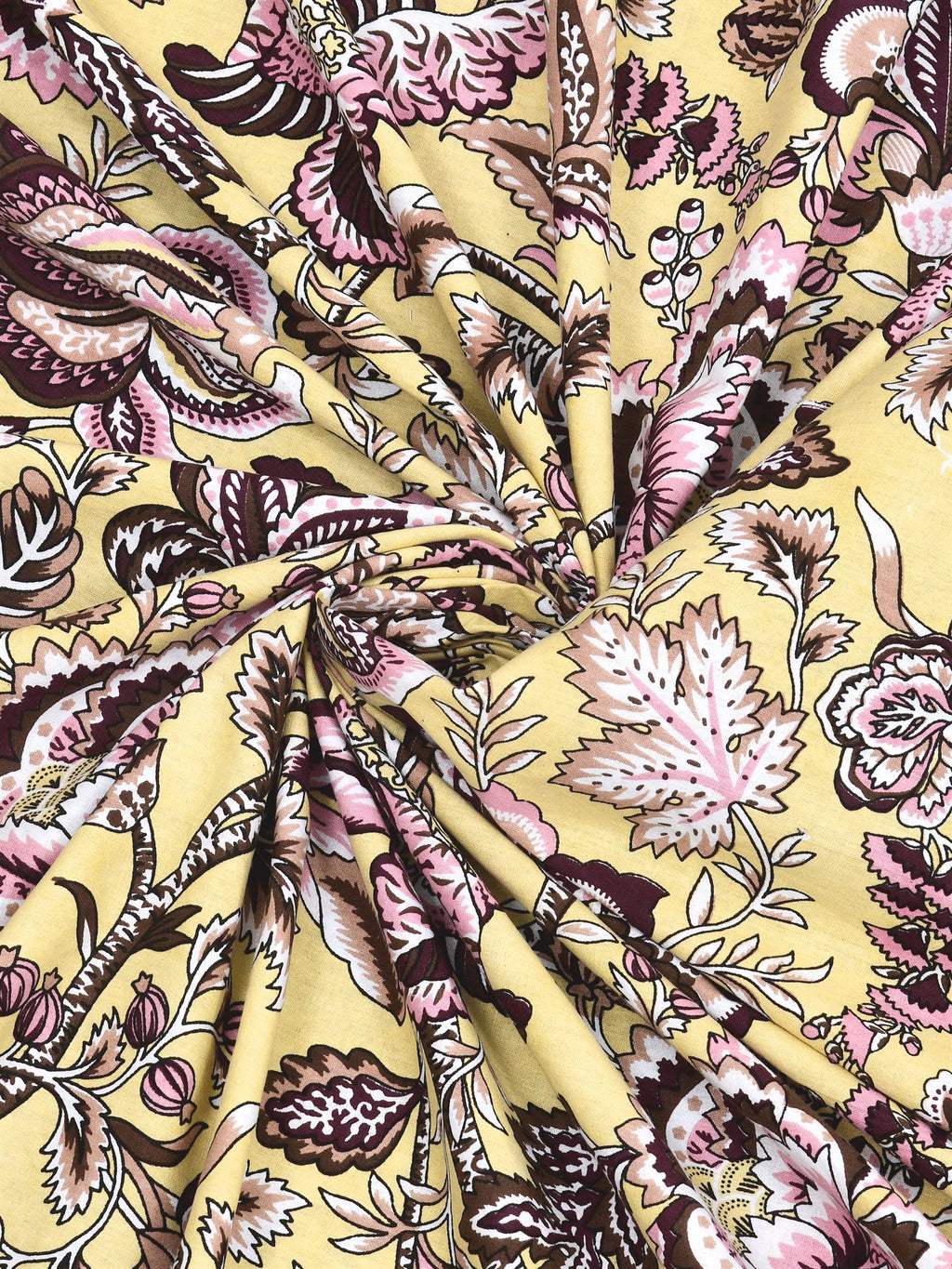 Swirled fabric close-up of plum and pink florals on butter yellow, Castile India bedsheet