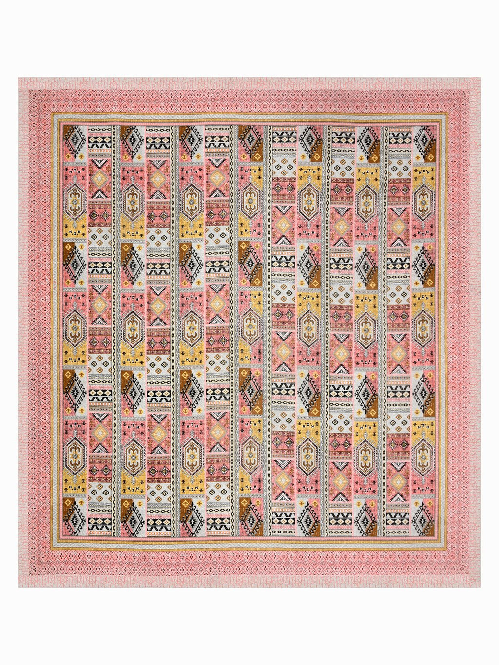Full flat view of Castile India coral & mustard Aztec patchwork super king bedsheet 108x108 with wide border