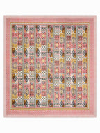 Full flat view of Castile India coral & mustard Aztec patchwork super king bedsheet 108x108 with wide border