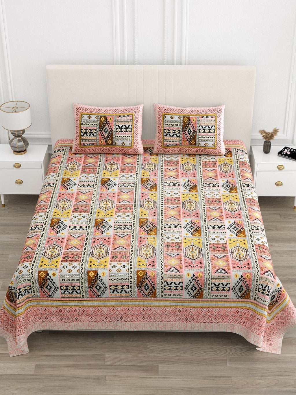 Front view of Castile India coral & mustard Aztec patchwork super king size bedsheet 108x108 with 2 pillow covers