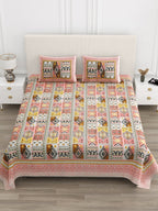 Front view of Castile India coral & mustard Aztec patchwork super king size bedsheet 108x108 with 2 pillow covers