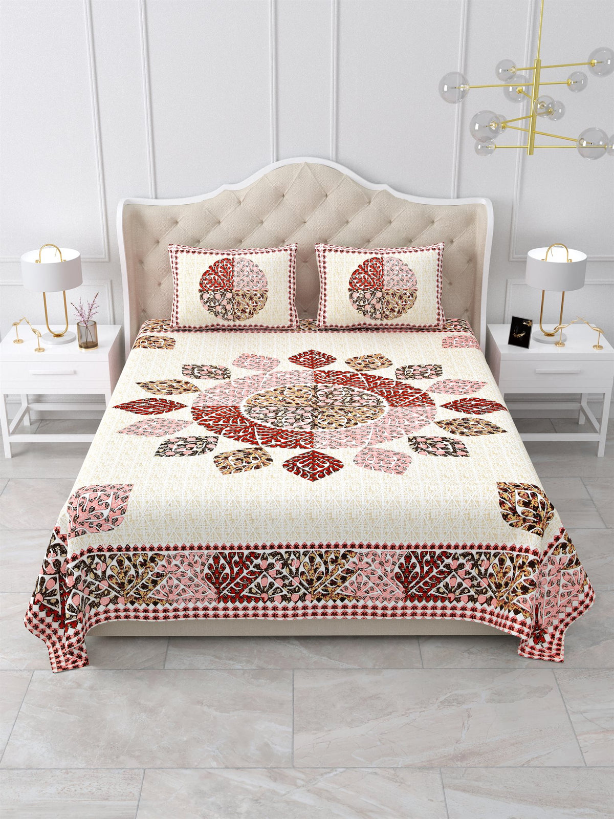 Front view of Castile India cream and maroon leaf mandala bedsheet 90x108 on a bed with 2 pillow covers