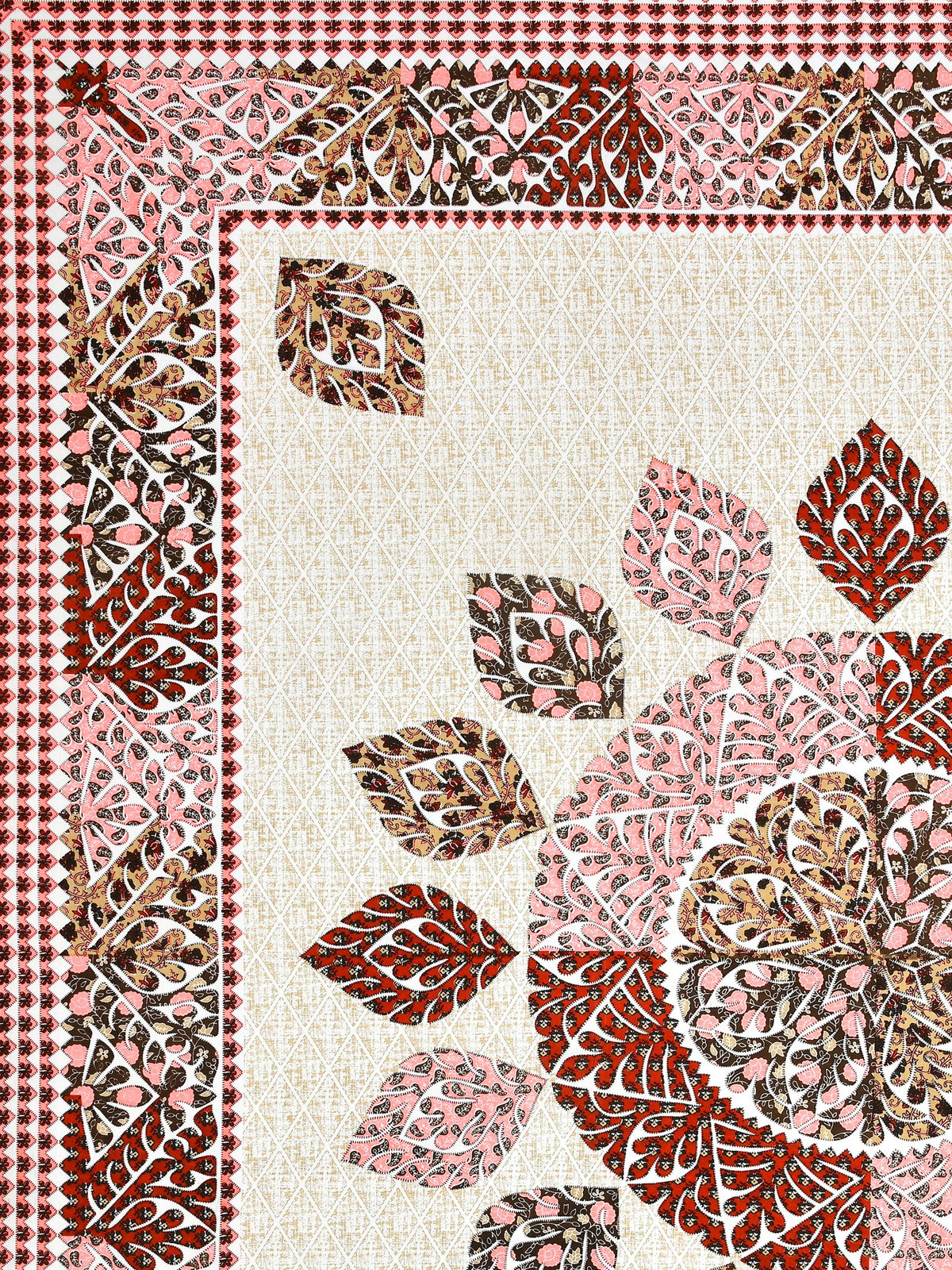 Flat corner close-up of the leaf mandala and maroon leaf border on a cream lattice base