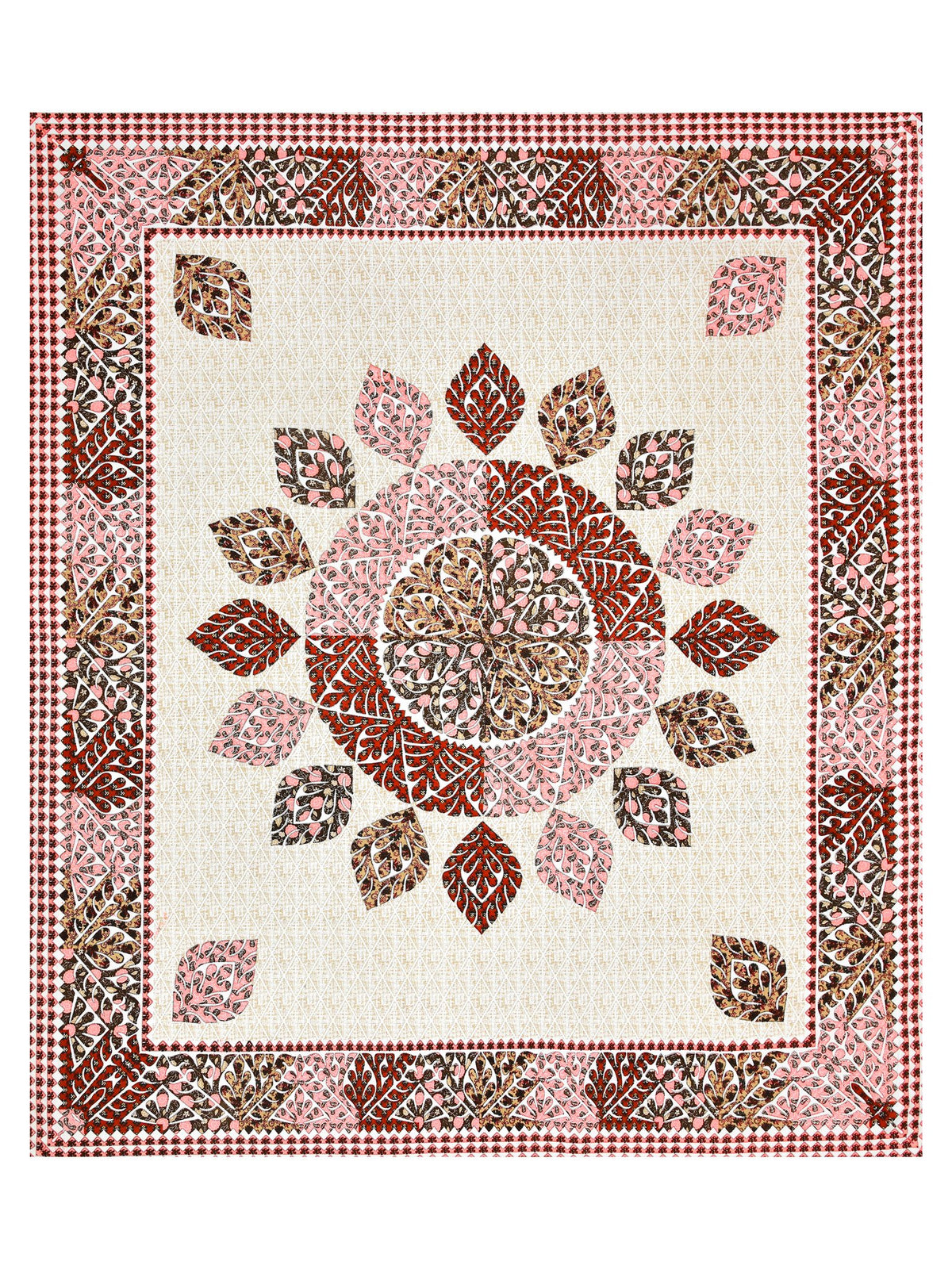 Full flat view of the cream and maroon leaf mandala bedsheet with leaf-motif border