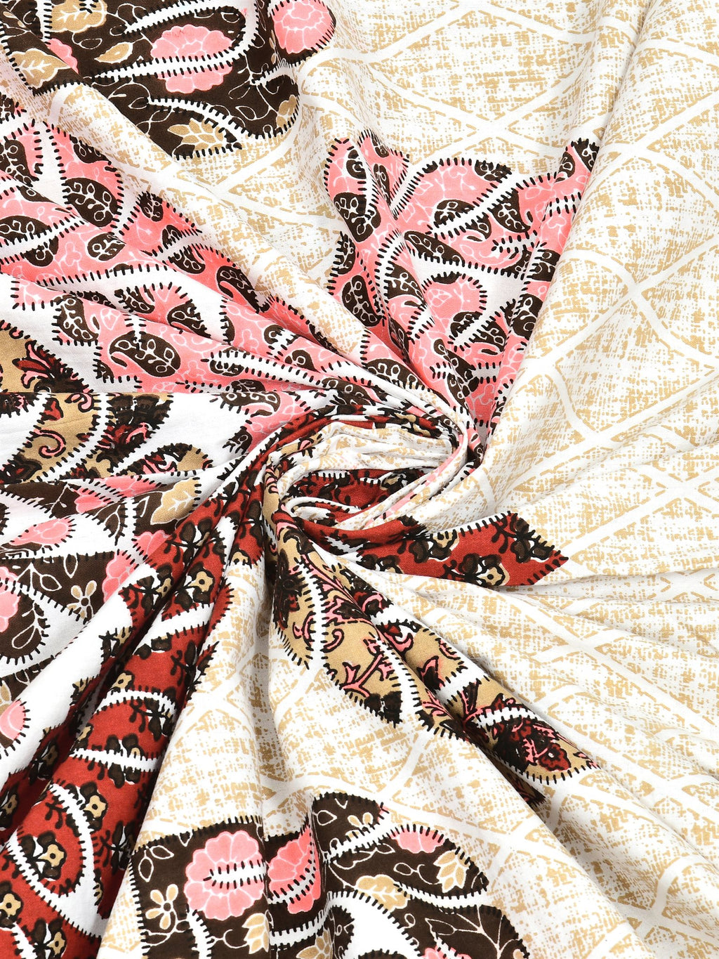 Swirled fabric close-up of maroon, rust, pink and brown leaf motifs on a cream lattice-textured base
