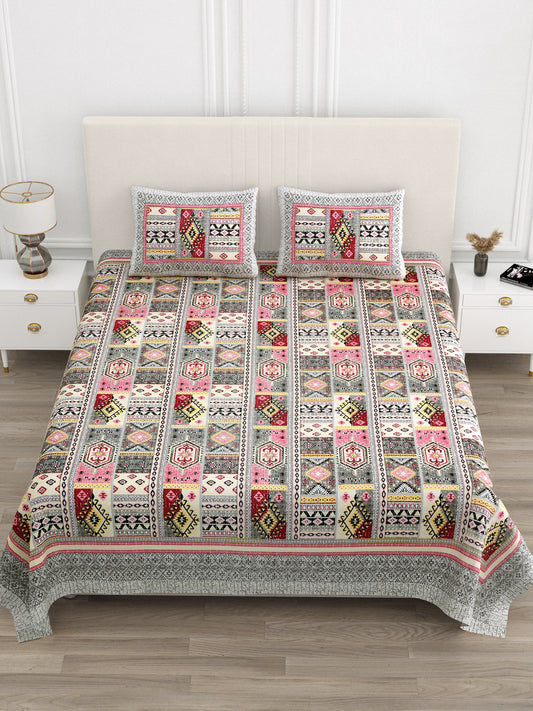 Jaipuri Rose-Pink Geometric Super King Size Cotton Bedsheet