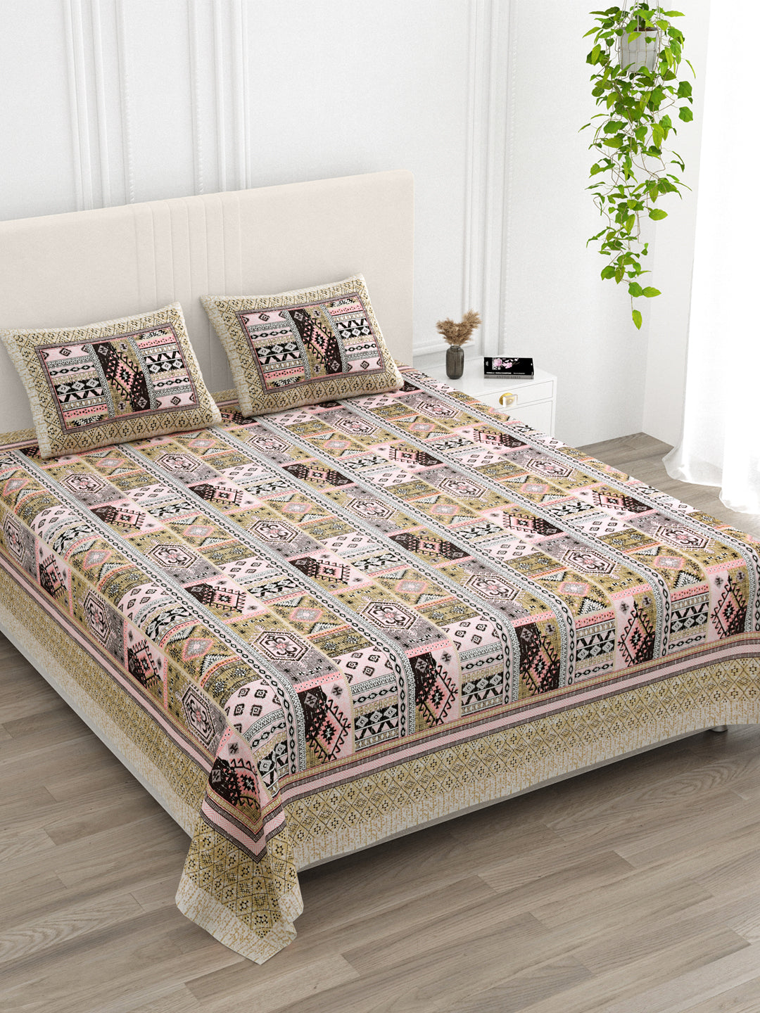 Jaipuri Dusty Rose & Sage Geometric Super King Size Cotton Bedsheet