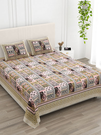 Jaipuri Dusty Rose & Sage Geometric Super King Size Cotton Bedsheet