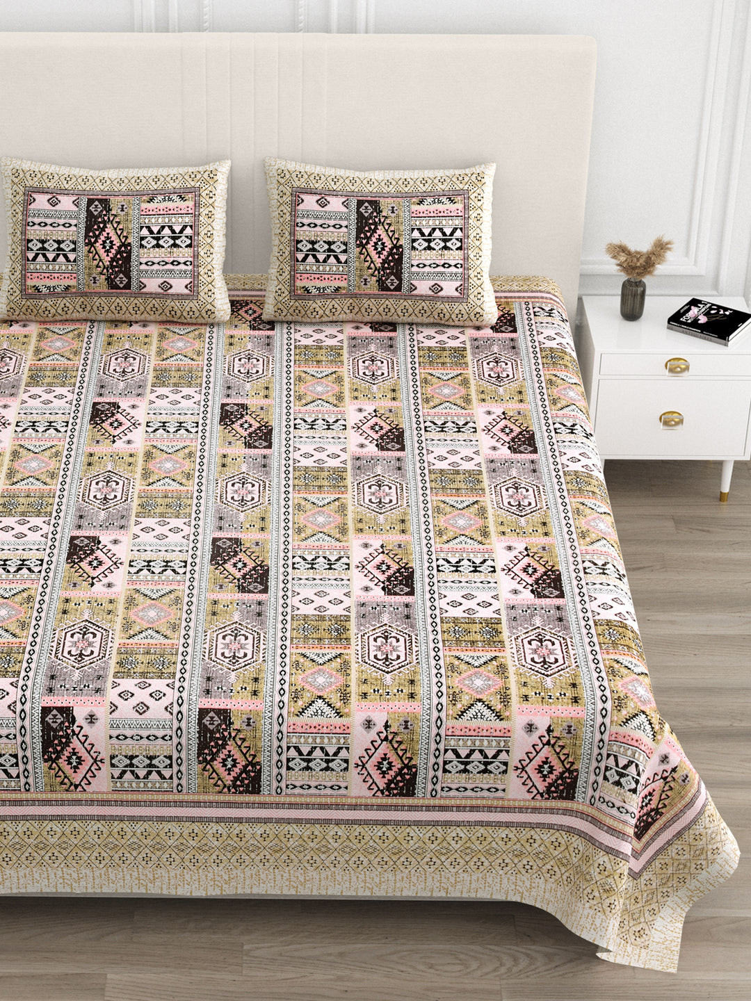 Jaipuri Dusty Rose & Sage Geometric Super King Size Cotton Bedsheet