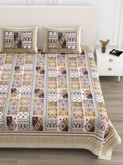 Jaipuri Dusty Rose & Sage Geometric Super King Size Cotton Bedsheet