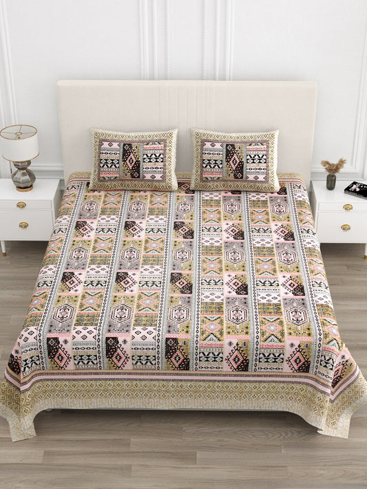 Jaipuri Dusty Rose & Sage Geometric Super King Size Cotton Bedsheet