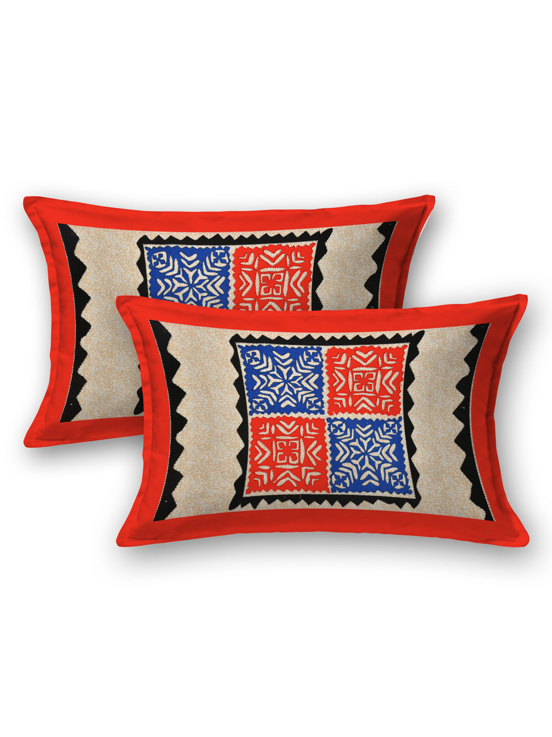 Red & Blue Geometric Block Print Queen Size Cotton Bedsheet