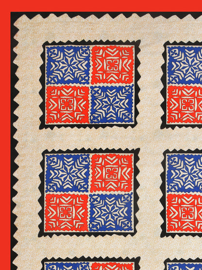 Red & Blue Geometric Block Print Queen Size Cotton Bedsheet