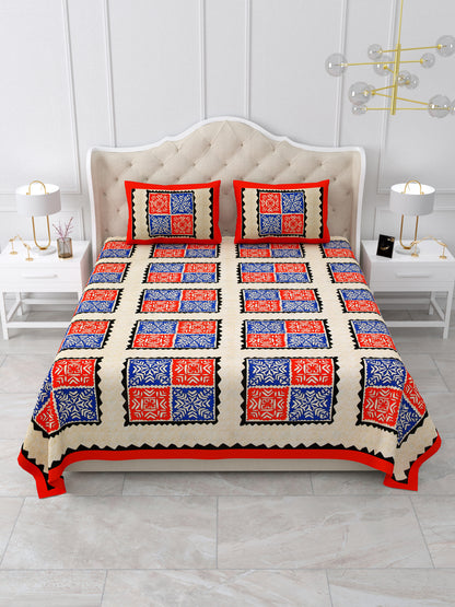 Red & Blue Geometric Block Print Queen Size Cotton Bedsheet