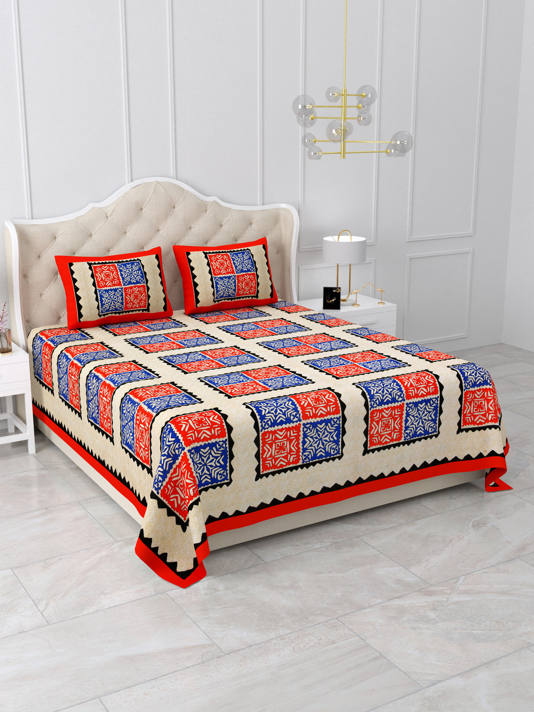 Red & Blue Geometric Block Print Queen Size Cotton Bedsheet