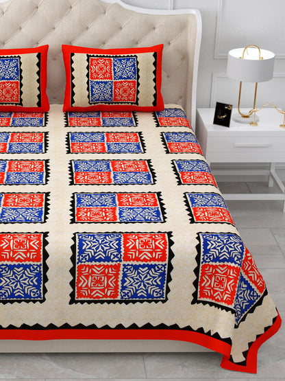 Red & Blue Geometric Block Print Queen Size Cotton Bedsheet