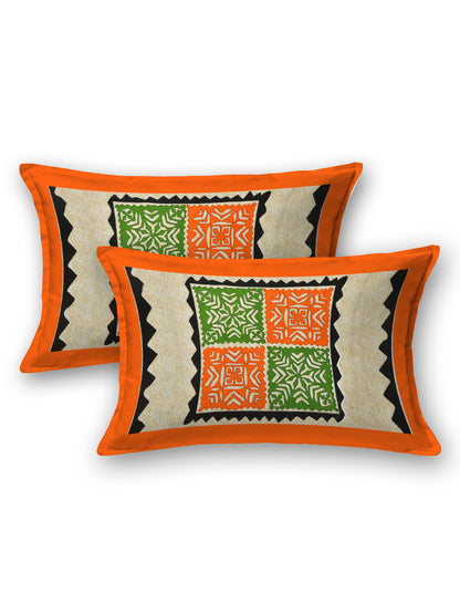 Orange & Green Geometric Block Print Queen Size Cotton Bedsheet