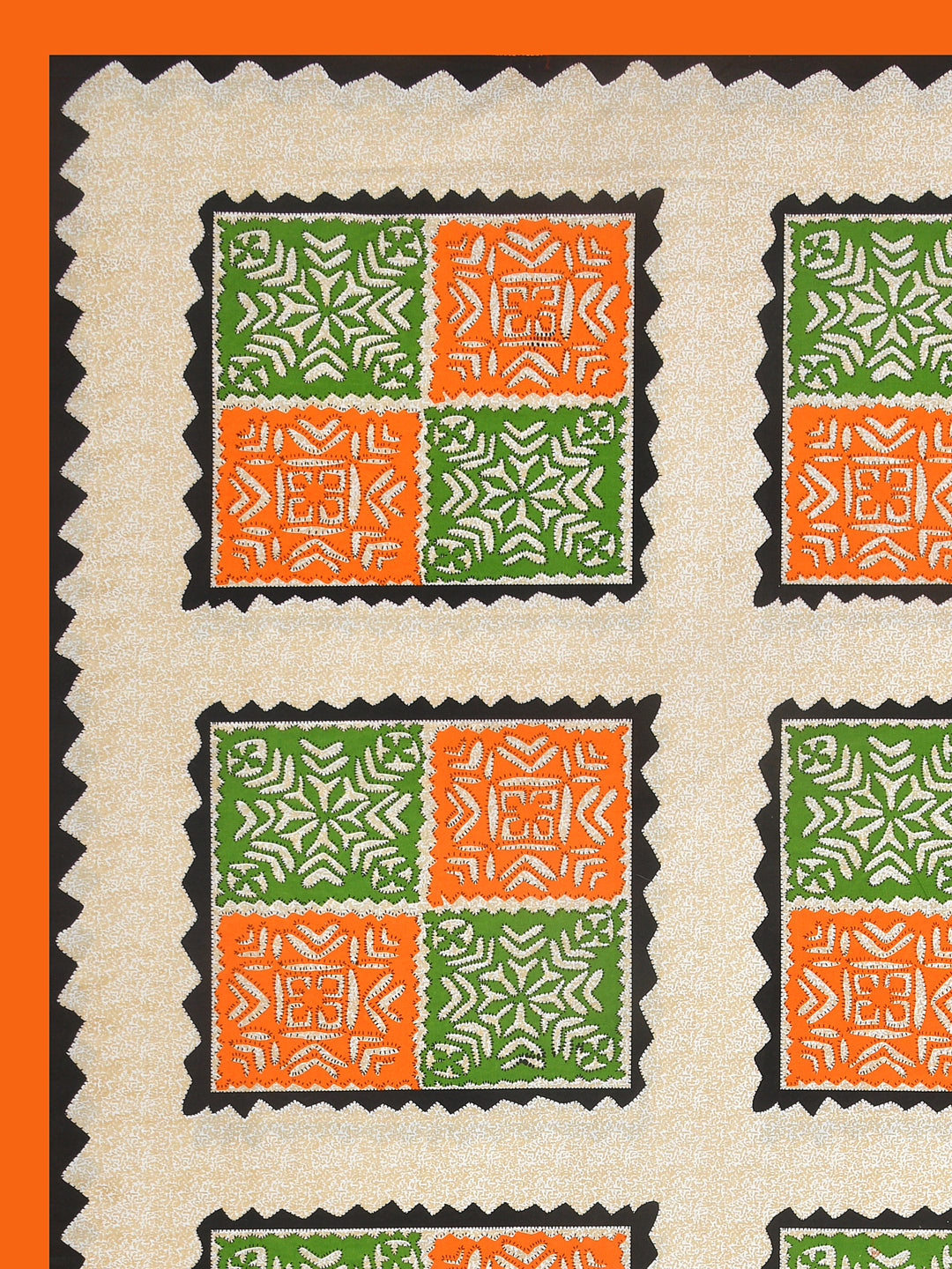 Orange & Green Geometric Block Print Queen Size Cotton Bedsheet