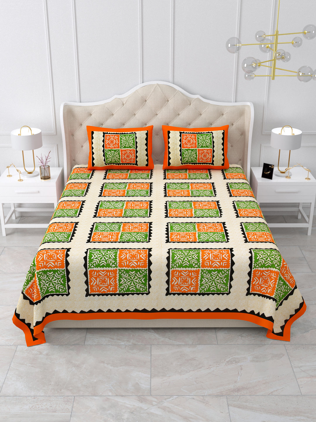 Orange & Green Geometric Block Print Queen Size Cotton Bedsheet