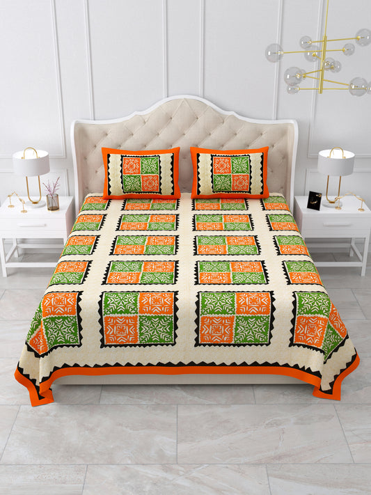 Orange & Green Geometric Block Print Queen Size Cotton Bedsheet