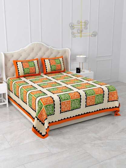 Orange & Green Geometric Block Print Queen Size Cotton Bedsheet