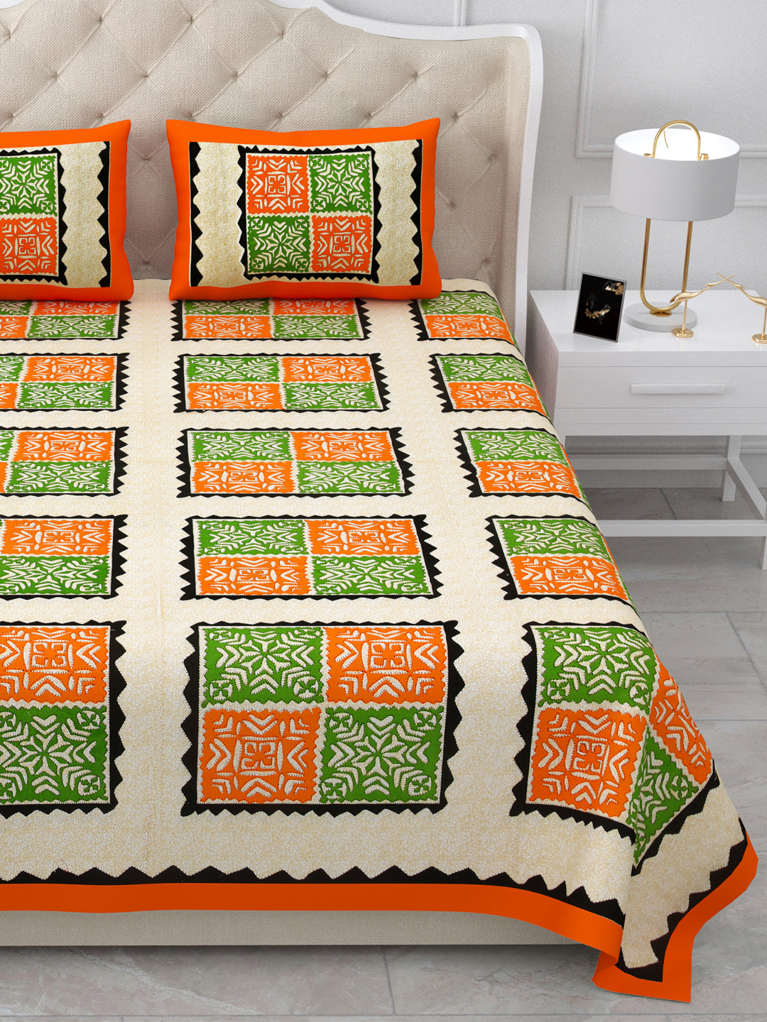 Orange & Green Geometric Block Print Queen Size Cotton Bedsheet