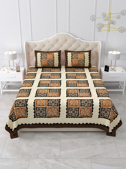 Brown & Coffee Geometric Block Print Queen Size Cotton Bedsheet