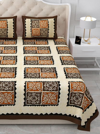 Brown & Coffee Geometric Block Print Queen Size Cotton Bedsheet