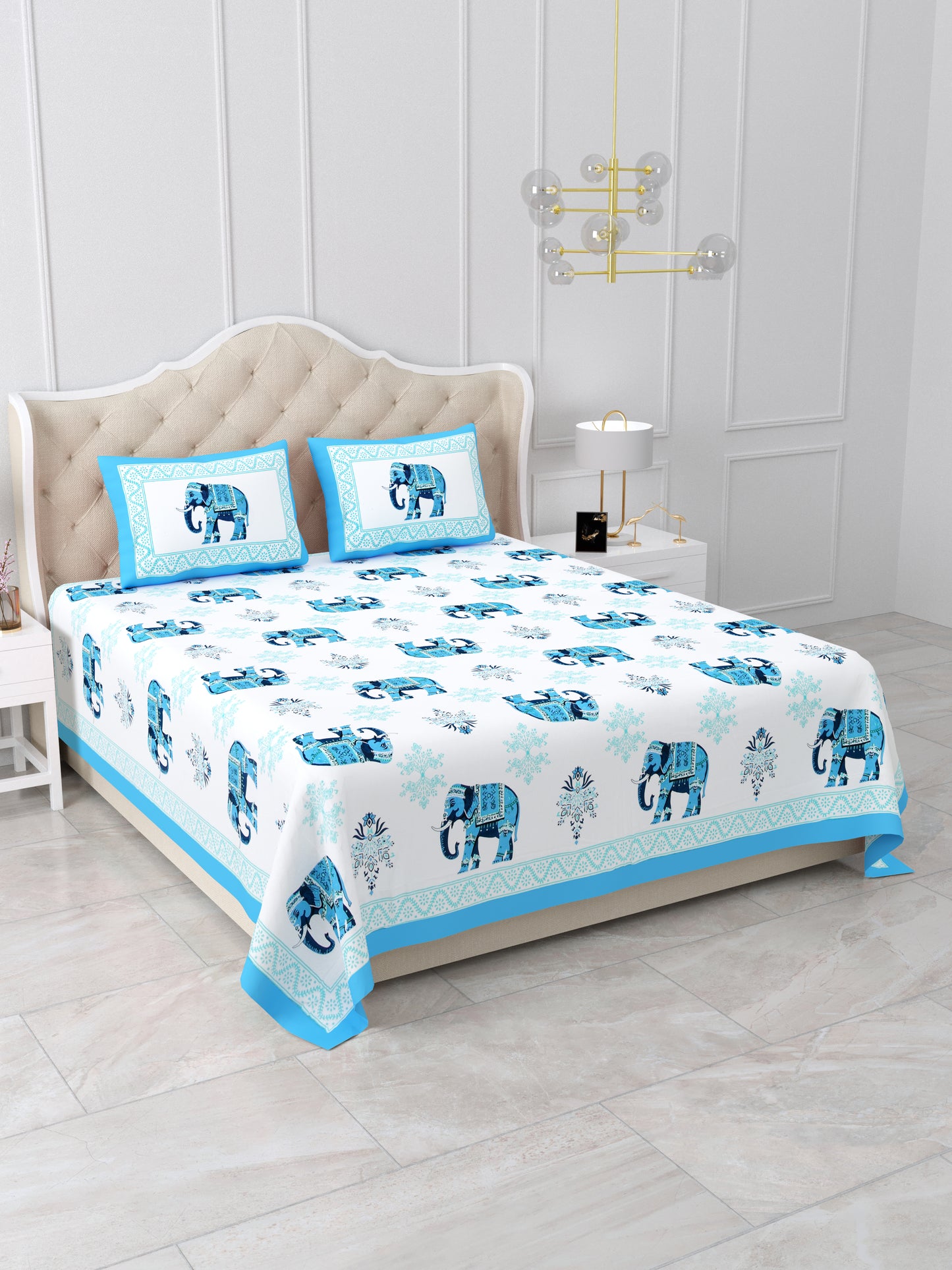 Jaipuri Electric Blue Elephant Super King Size Cotton Bedsheet