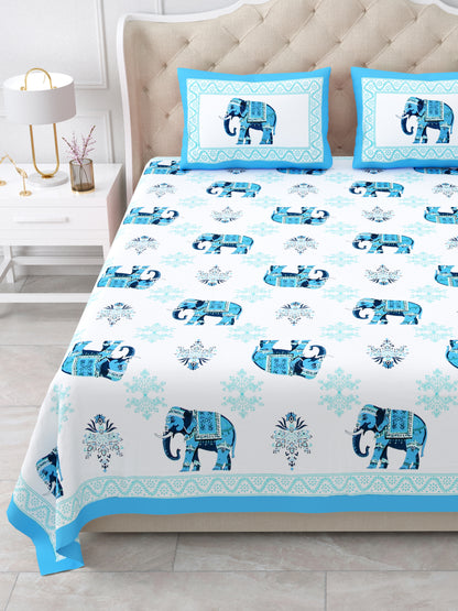 Jaipuri Electric Blue Elephant Super King Size Cotton Bedsheet