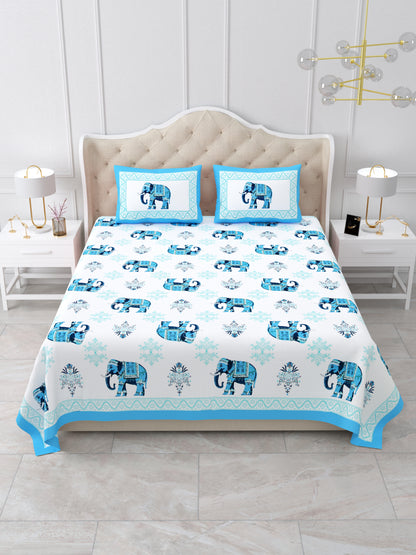 Jaipuri Electric Blue Elephant Super King Size Cotton Bedsheet