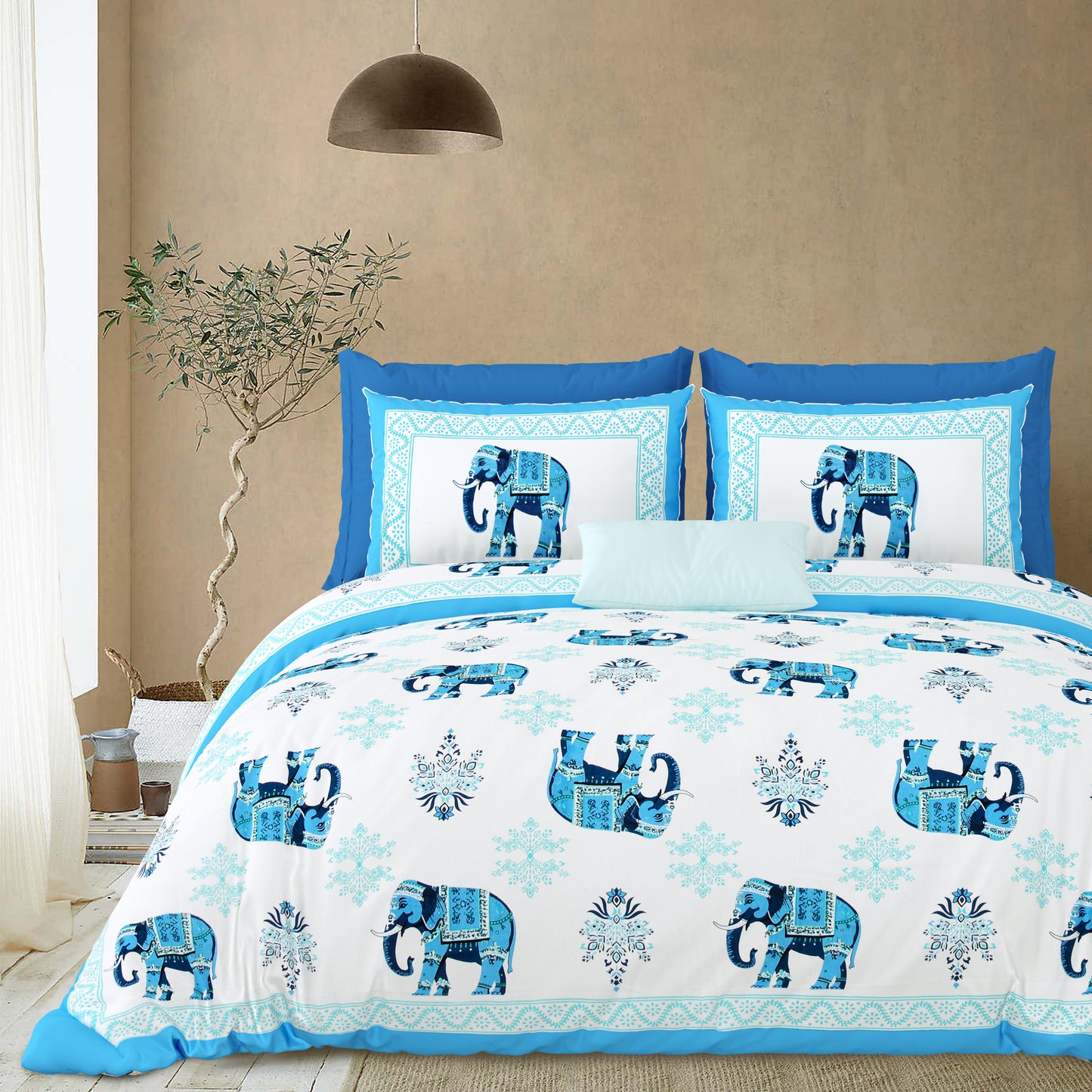 Jaipuri Electric Blue Elephant Super King Size Cotton Bedsheet